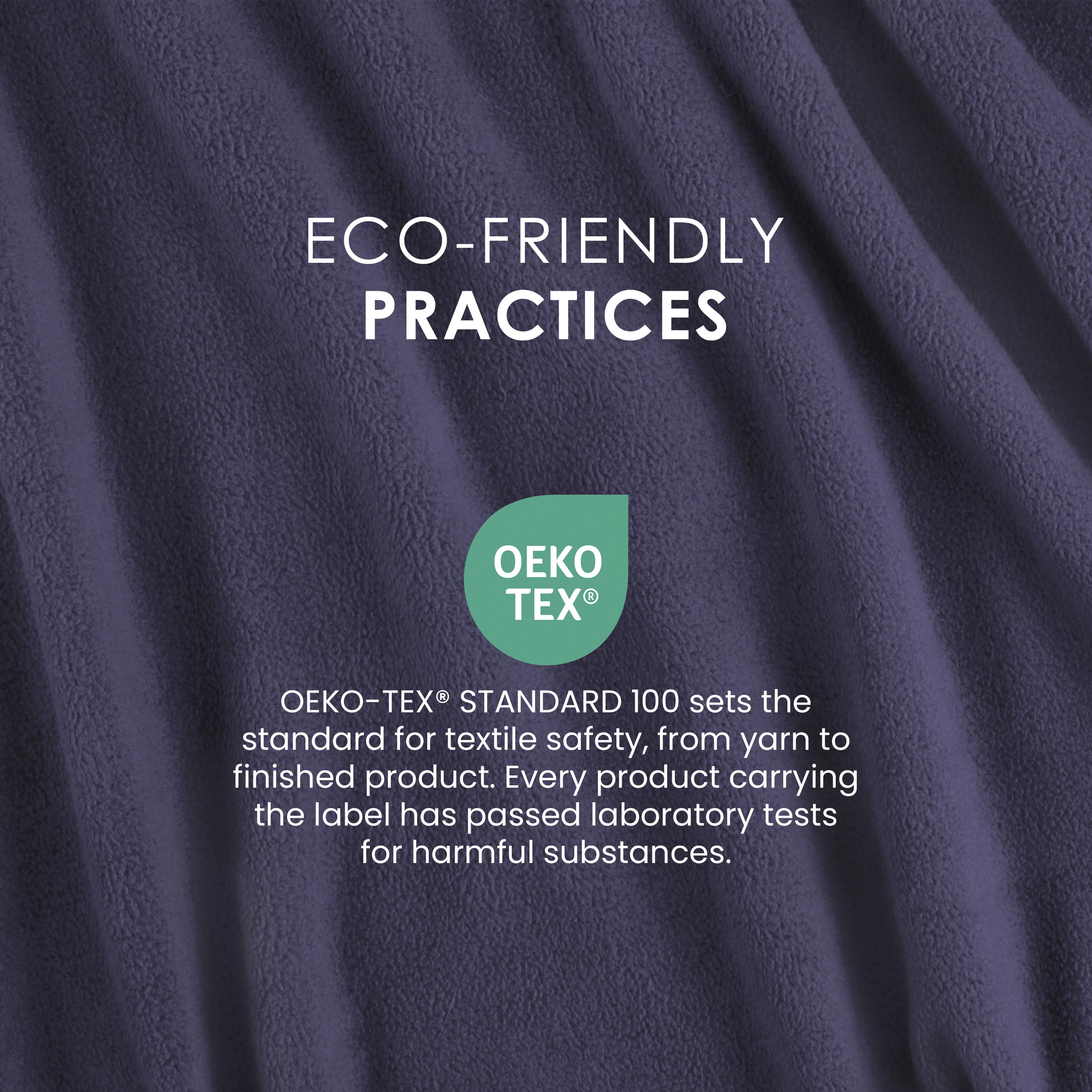 Dark purple fleece fabric with a soft texture, featuring an OEKO-TEX® certification label for textile safety.
