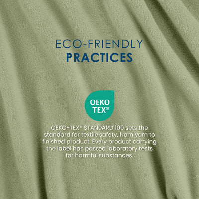 Light green fleece fabric with text about eco-friendly practices and OEKO-TEX® certification for textile safety.