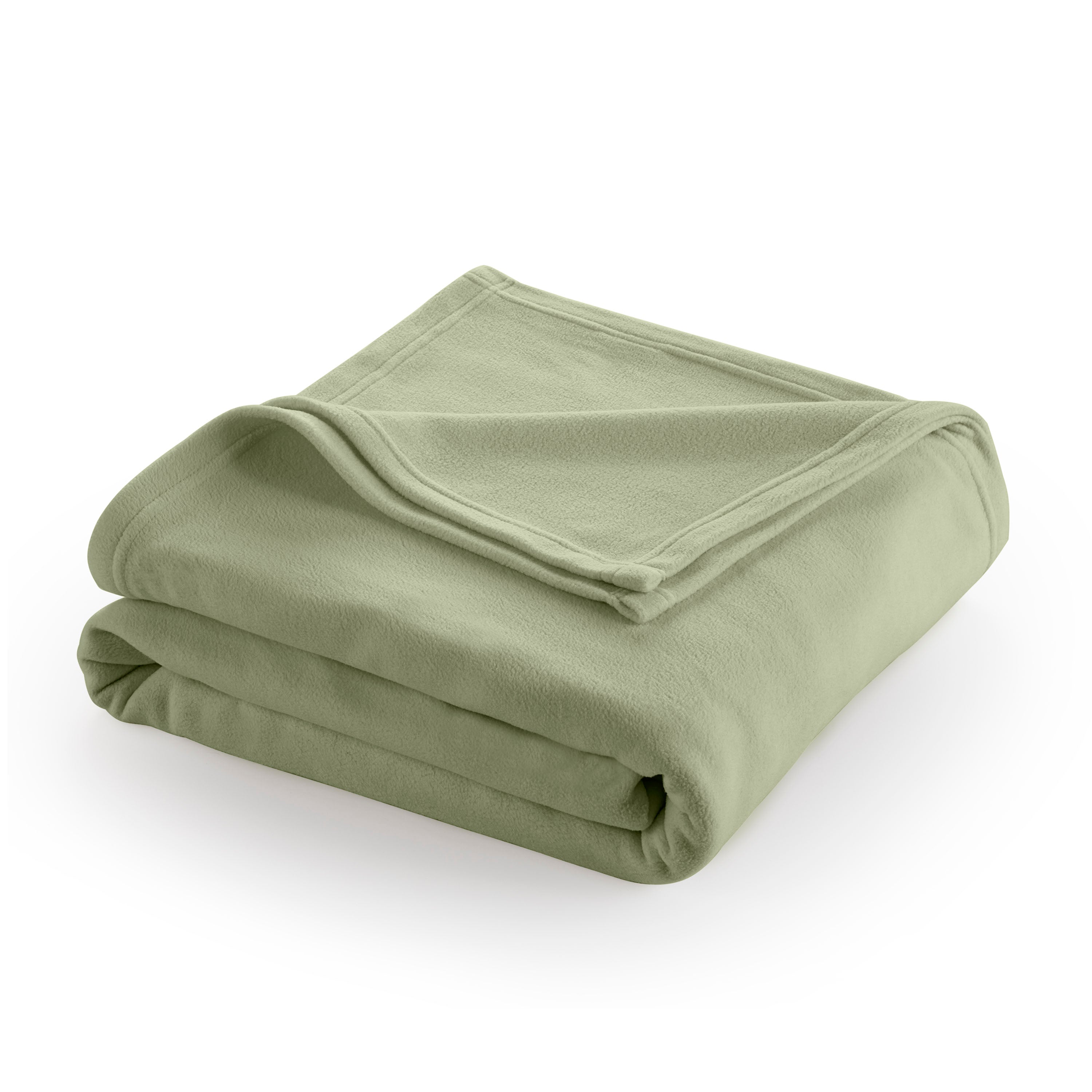 Light green fleece blanket, neatly folded with a soft texture and stitched edges.