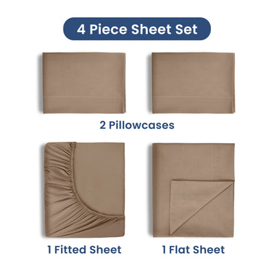 Four-piece sheet set in a neutral color, including two pillowcases, one fitted sheet, and one flat sheet.