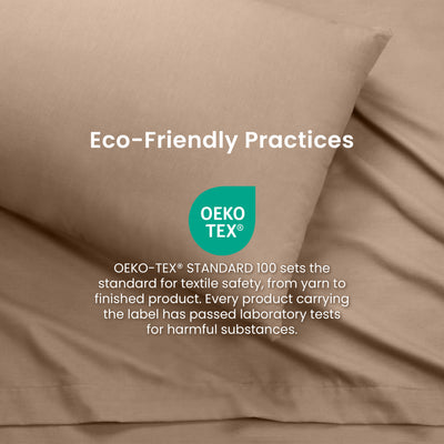 Light brown sheets with a pillow, featuring Oeko-Tex certification for textile safety and eco-friendly practices.