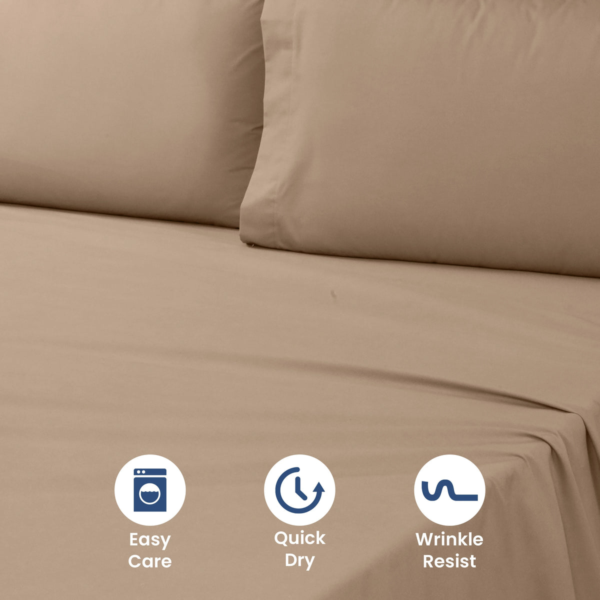 Beige bed sheet set with three icons indicating easy care, quick dry, and wrinkle resist on a red background.