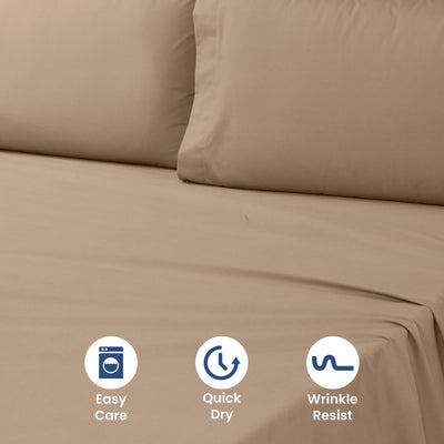 Beige bed sheet set with three icons indicating easy care, quick dry, and wrinkle resist on a red background.