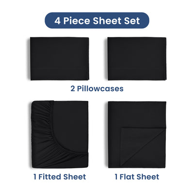 Four-piece sheet set including two pillowcases, one fitted sheet, and one flat sheet, all in black.