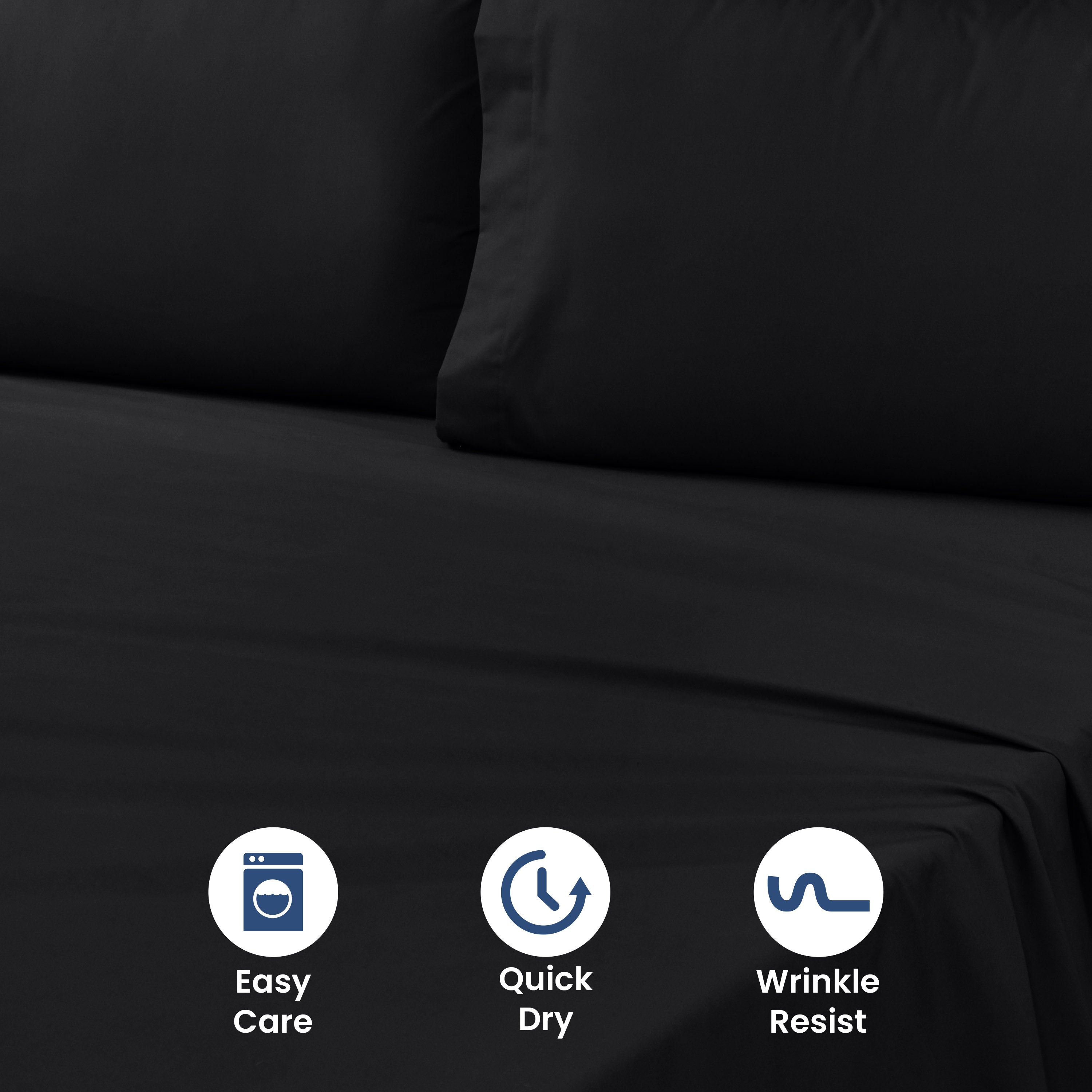 Black sheet set with two pillows on a bed, featuring icons for easy care, quick dry, and wrinkle resistance.