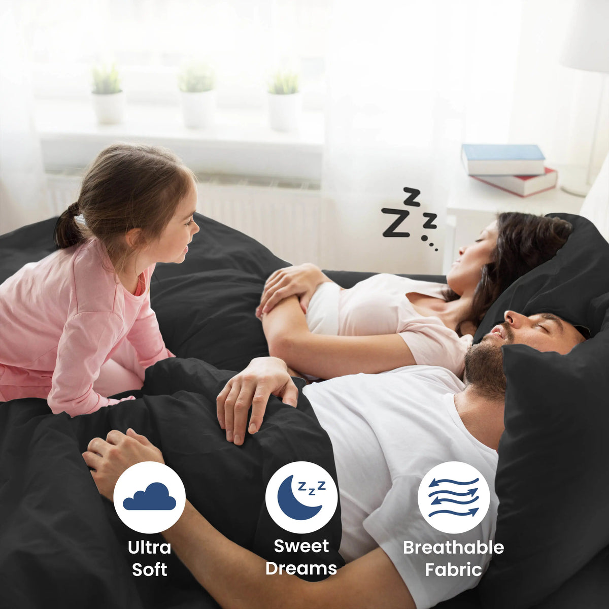 Parent sleeping on a ebony bedding