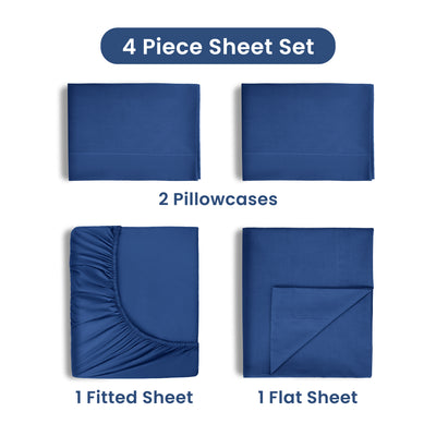 Four-piece sheet set in navy blue, including two pillowcases, one fitted sheet, and one flat sheet.
