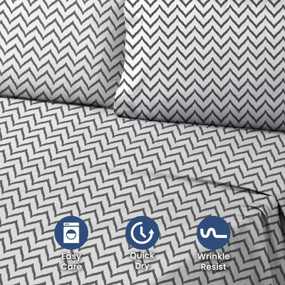 Chevron bed sheet set with three icons indicating easy care, quick dry, and wrinkle resist on a red background.
