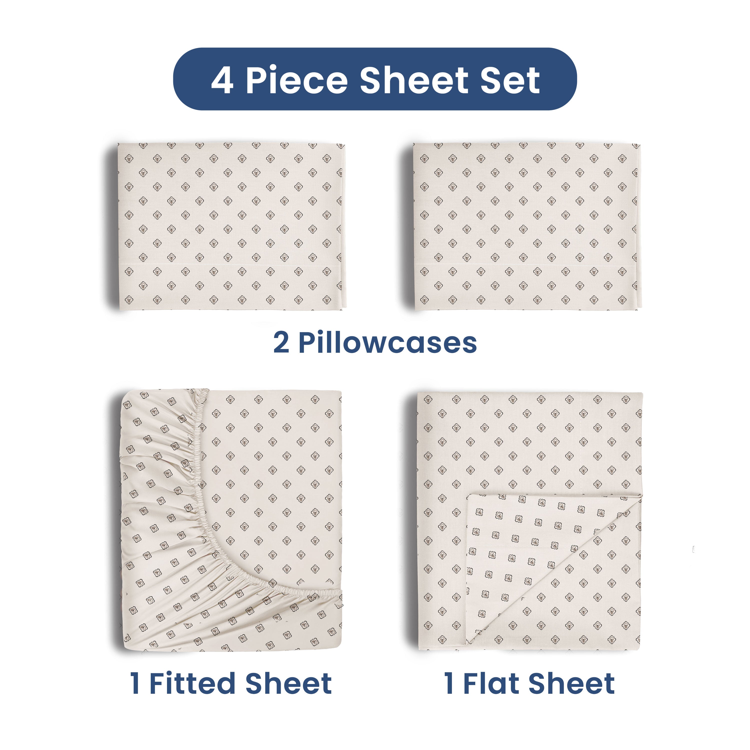 Four-piece sheet set including two pillowcases, one fitted sheet, and one flat sheet with a patterned design.