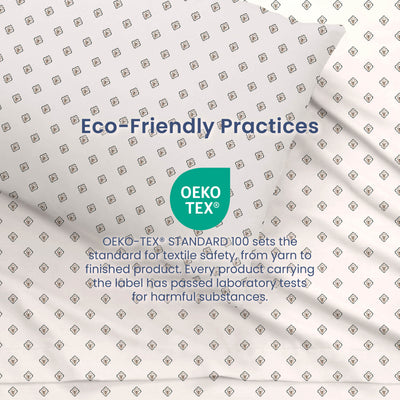 Sheet set featuring a light background with a small floral pattern and an Oeko-Tex certification label for safety.