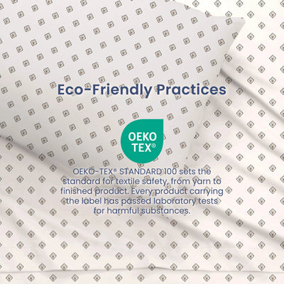 Foulard bedding with white text reading 'Eco-Friendly Practices' and a teal OEKO-TEX logo and certification description in the center.