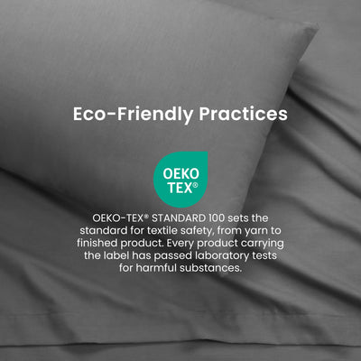 Gray sheets and pillowcases with an Oeko-Tex certification for textile safety and eco-friendly practices.