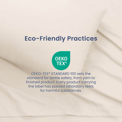 Cream-colored sheets with a pillow, featuring the OEKO-TEX® certification for textile safety.