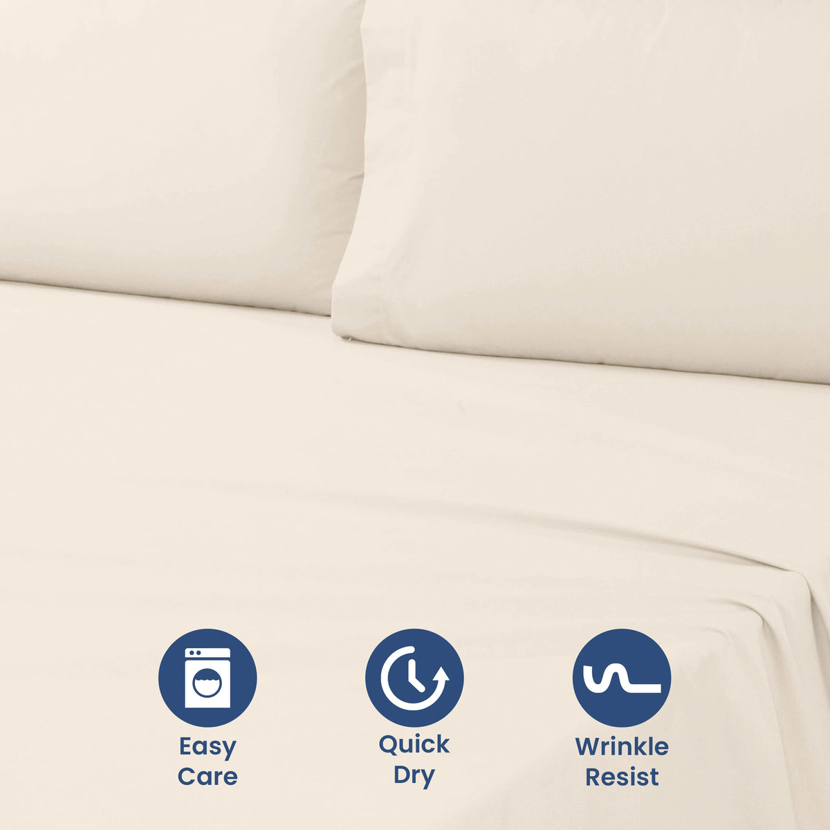 Ivory bed sheet set with three icons indicating easy care, quick dry, and wrinkle resist on a red background.