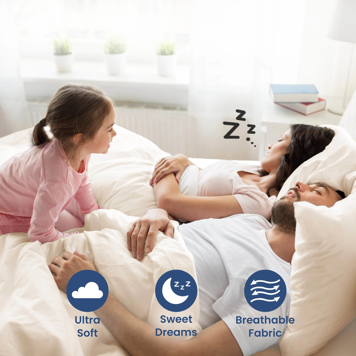 Parent sleeping on a ivory bedding