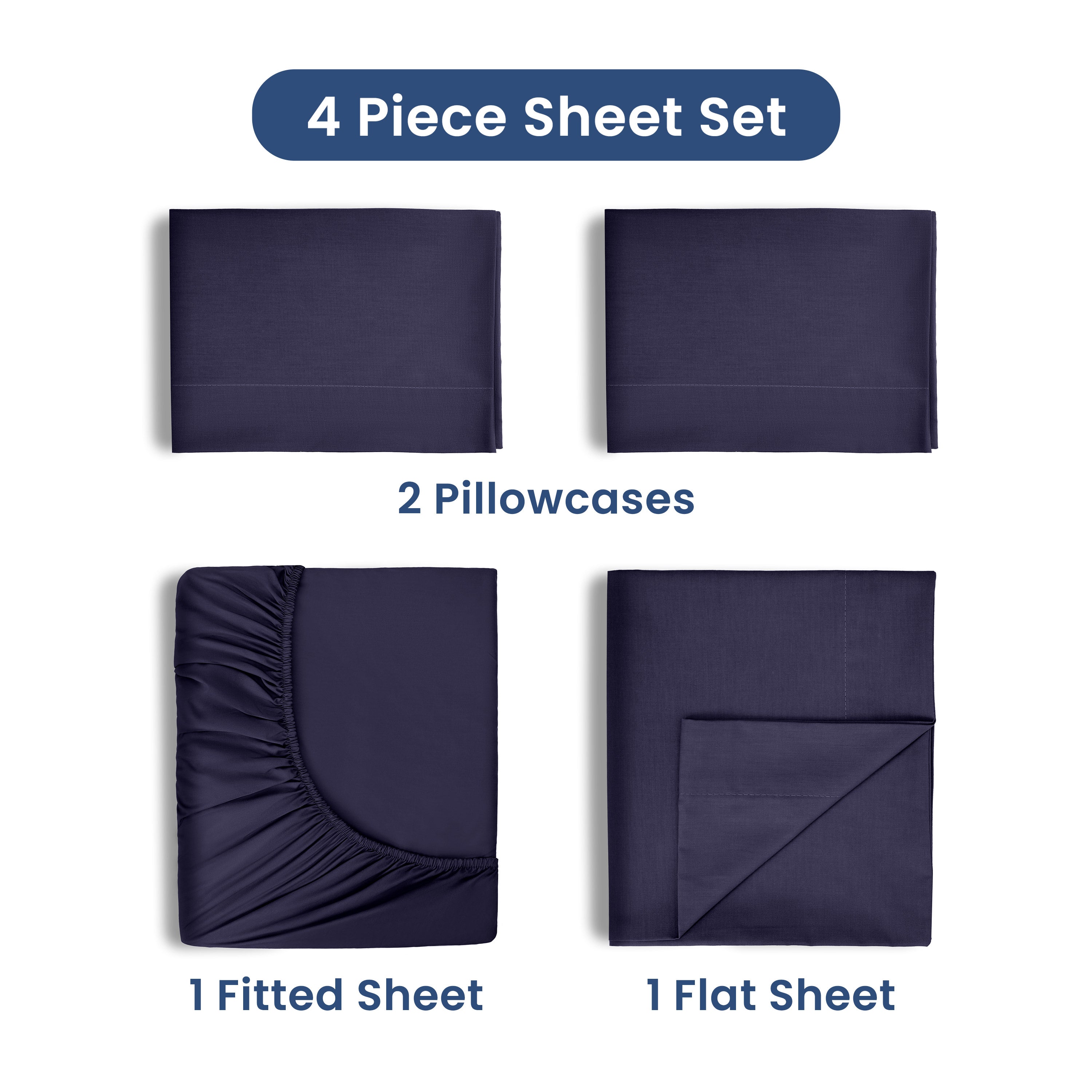 Four-piece sheet set in dark navy, including two pillowcases, one fitted sheet, and one flat sheet.