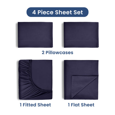 Four-piece sheet set in dark navy, including two pillowcases, one fitted sheet, and one flat sheet.