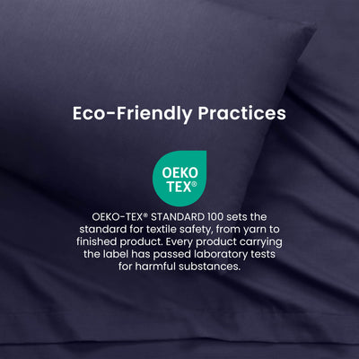 Dark purple sheets with a pillow, featuring the OEKO-TEX® STANDARD 100 certification for textile safety.