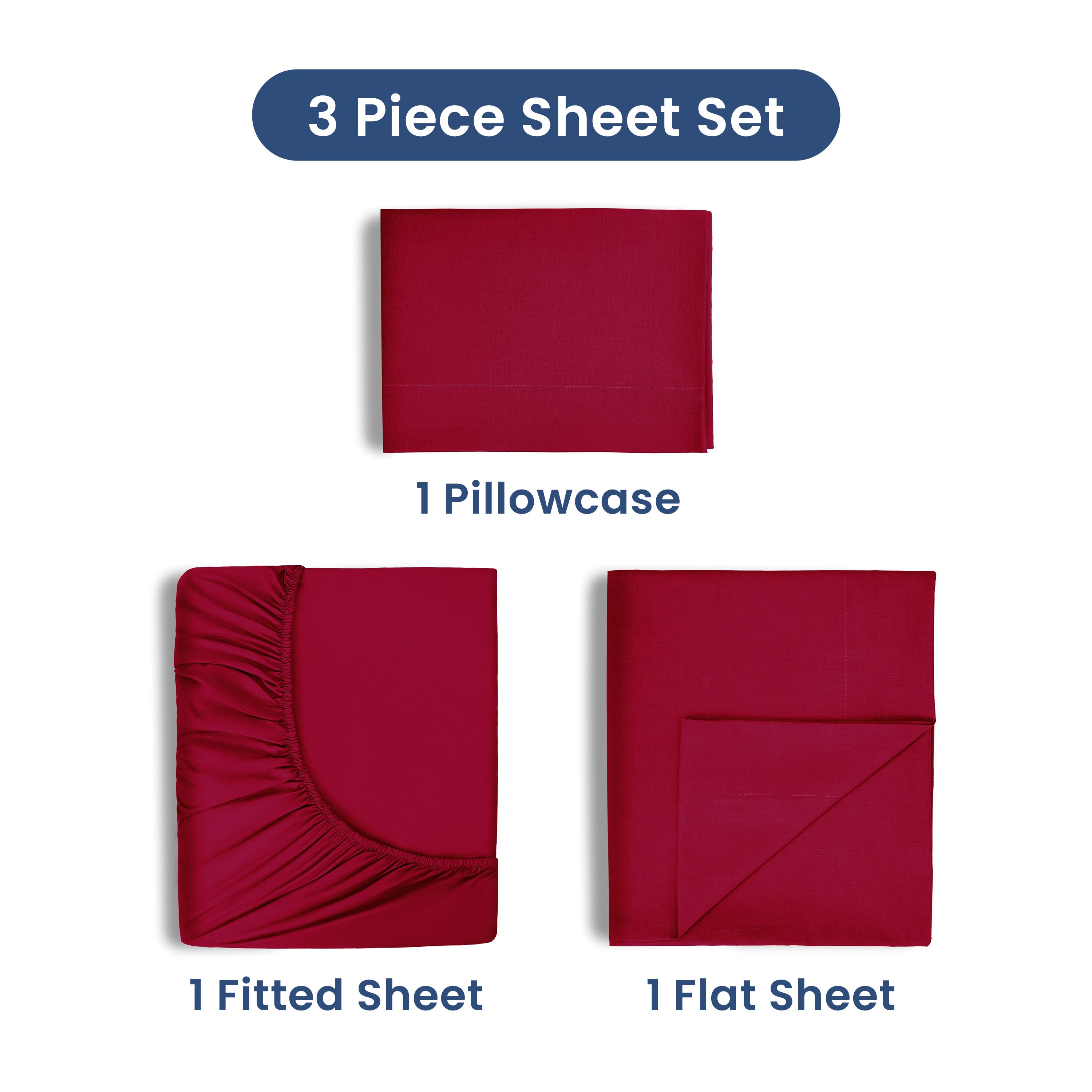 Three-piece sheet set in red includes one fitted sheet, one flat sheet, and one pillowcase.