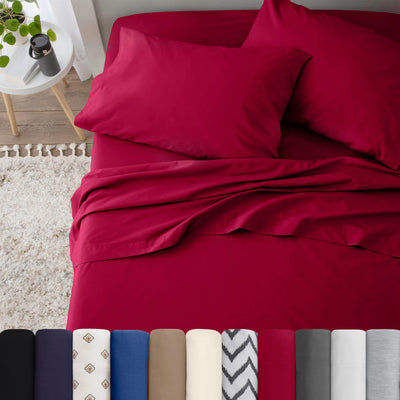 Red bed sheet set with three icons indicating easy care, quick dry, and wrinkle resist on a red background.