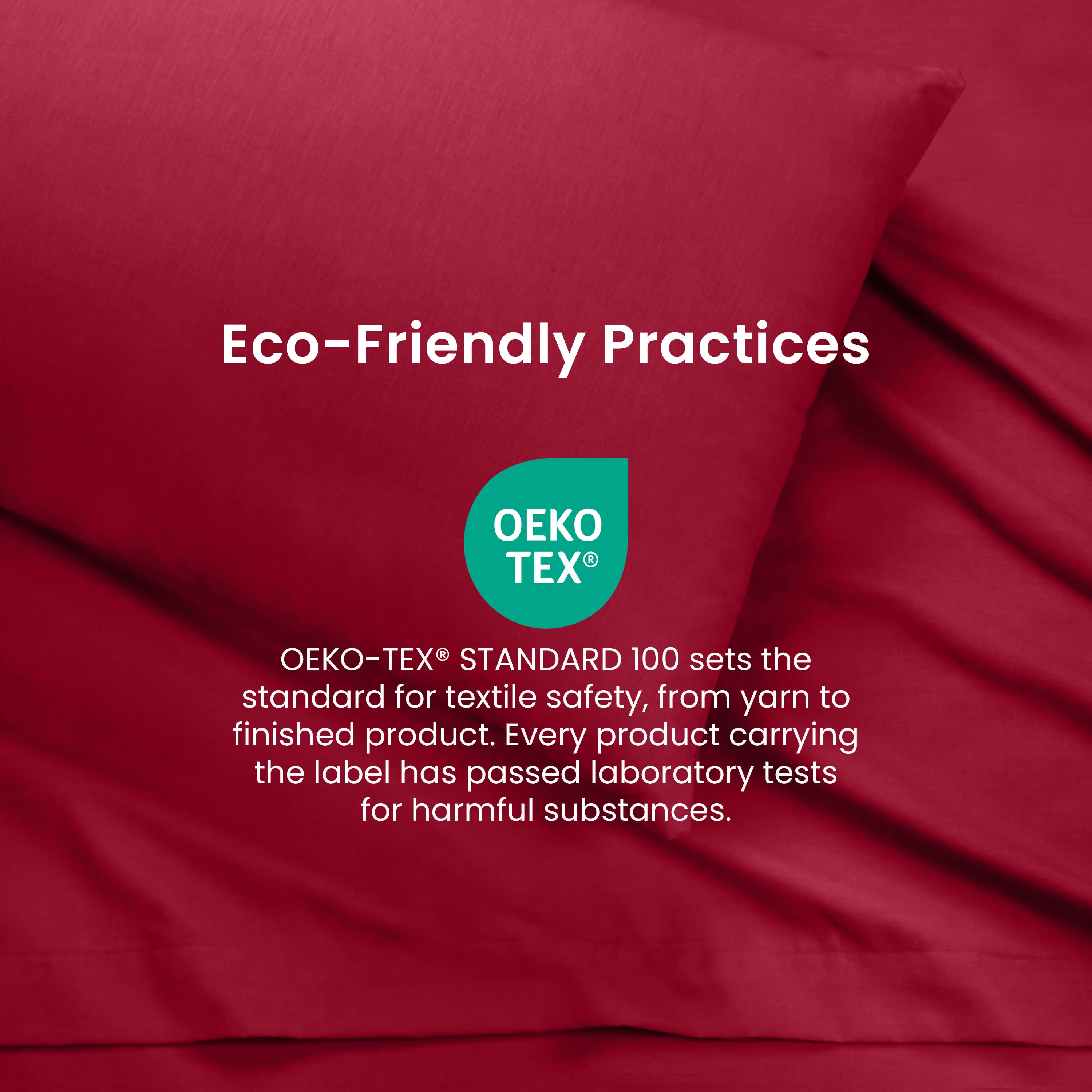 Deep red sheets with a label indicating Oeko-Tex certification for textile safety and eco-friendly practices.