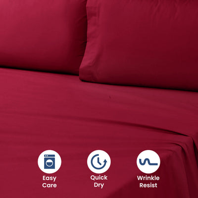 Red bed sheet set with three icons indicating easy care, quick dry, and wrinkle resist on a red background.