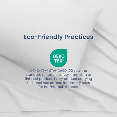 White bedding with white text reading 'Eco-Friendly Practices' and a teal OEKO-TEX logo and certification description in the center.