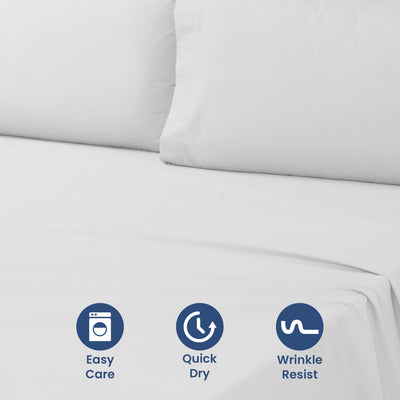 White sheet set with two pillows on a bed, featuring icons for easy care, quick dry, and wrinkle resistance.