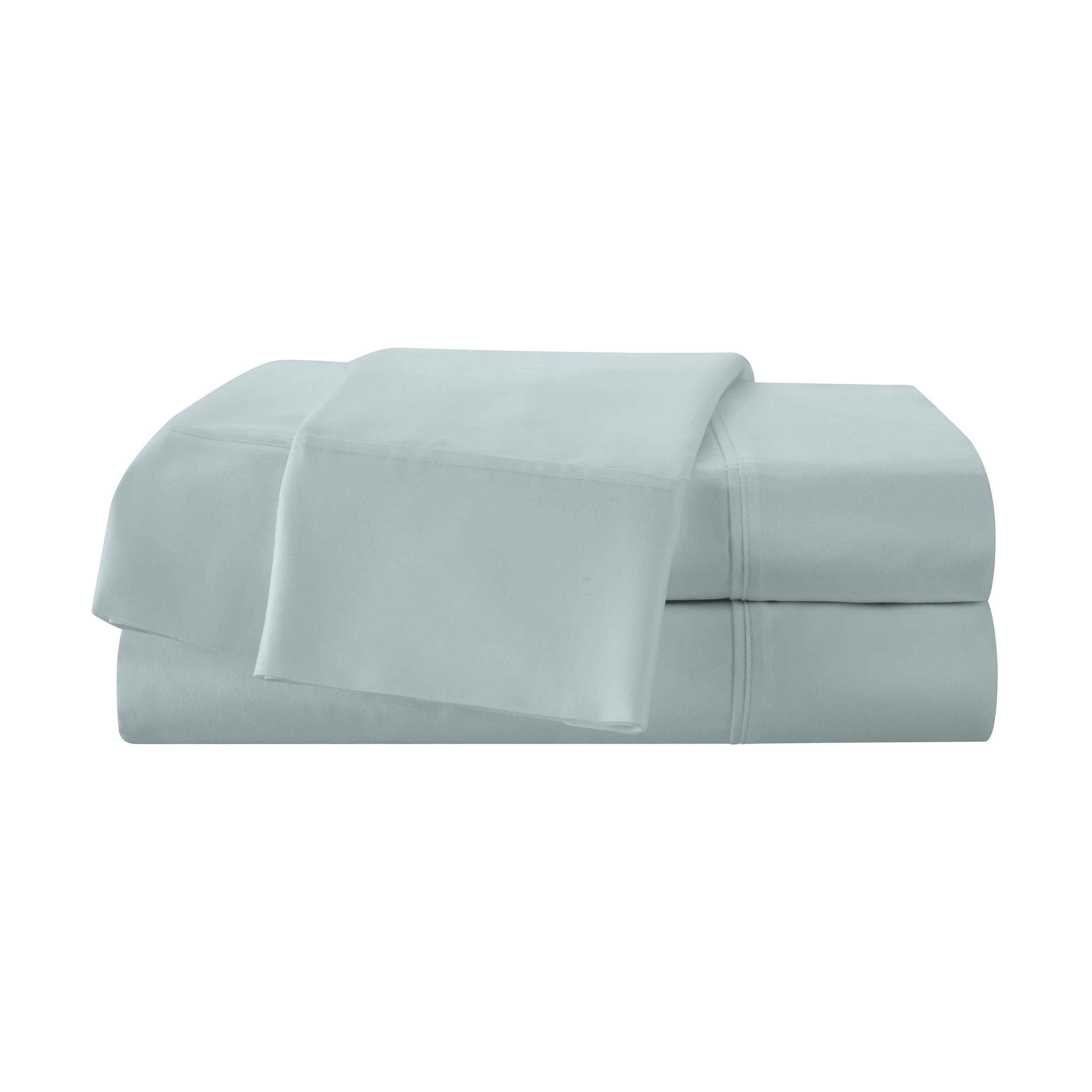Light blue cotton sheet set with a 400-thread count, neatly folded with a flat sheet on top.