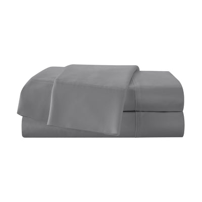 Gray cotton sheet set with a 400-thread count, featuring a flat sheet and fitted sheet stacked neatly.