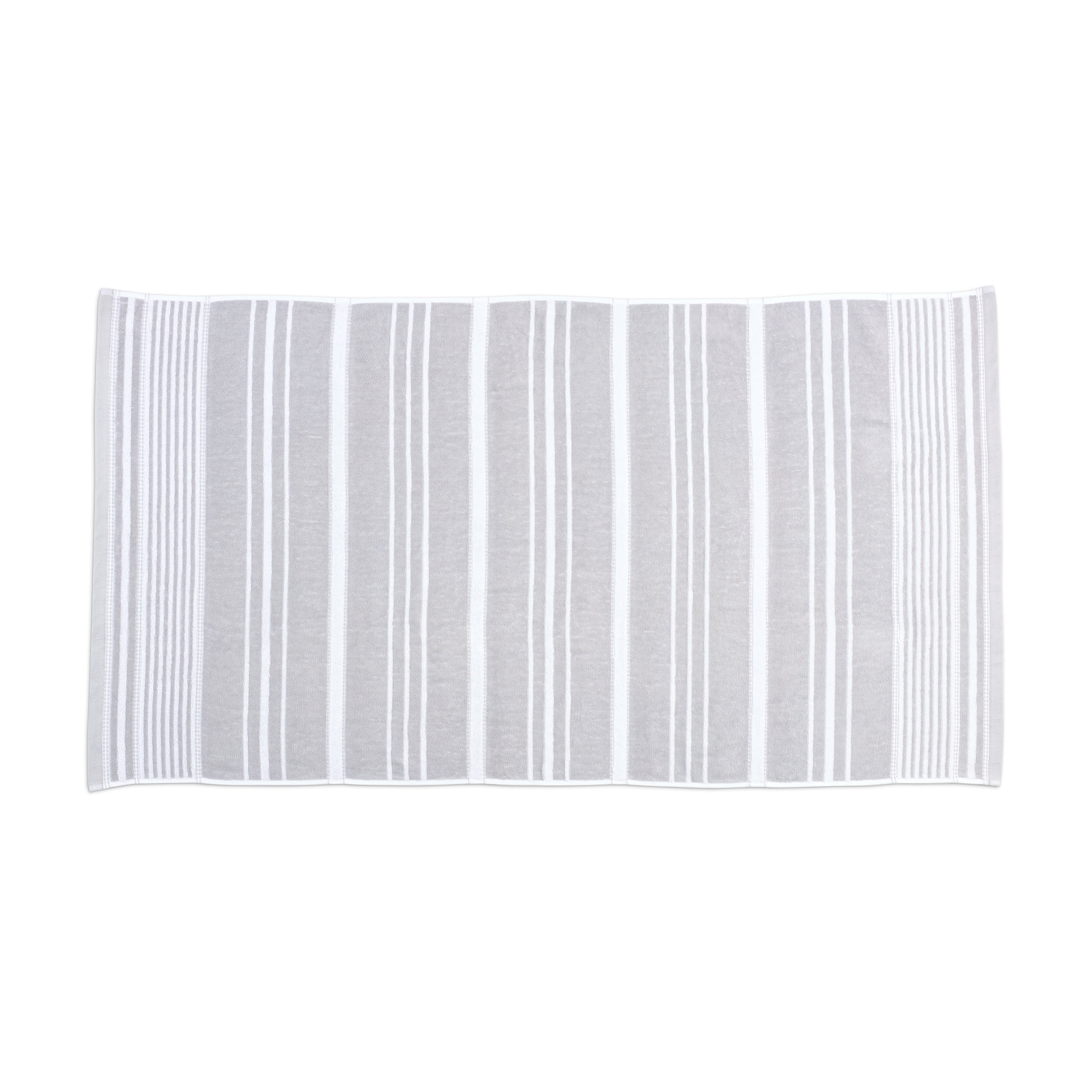Gray towel featuring alternating batten stripes in white and light gray.