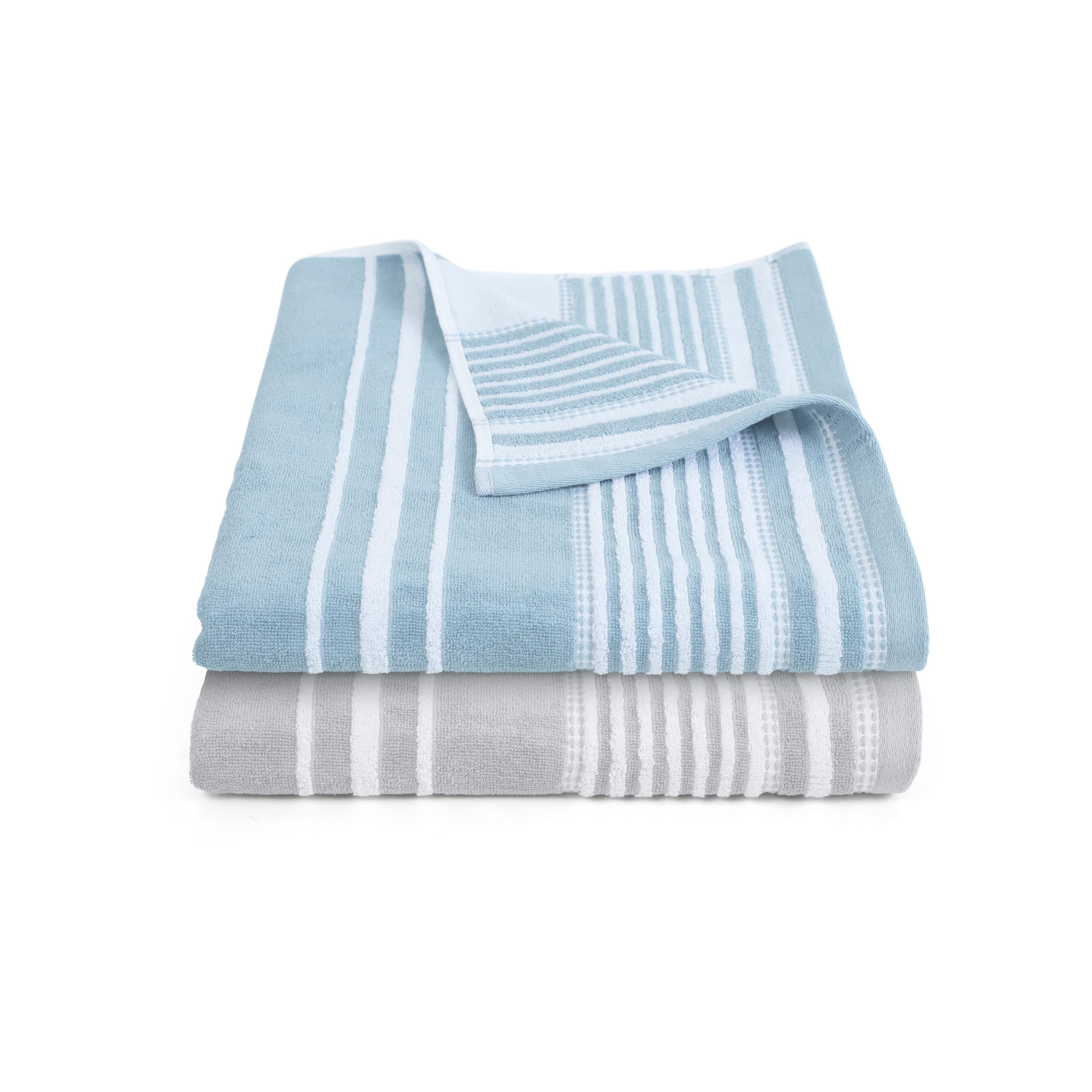 Two stacked towels, one light blue with white stripes and one gray with white stripes.