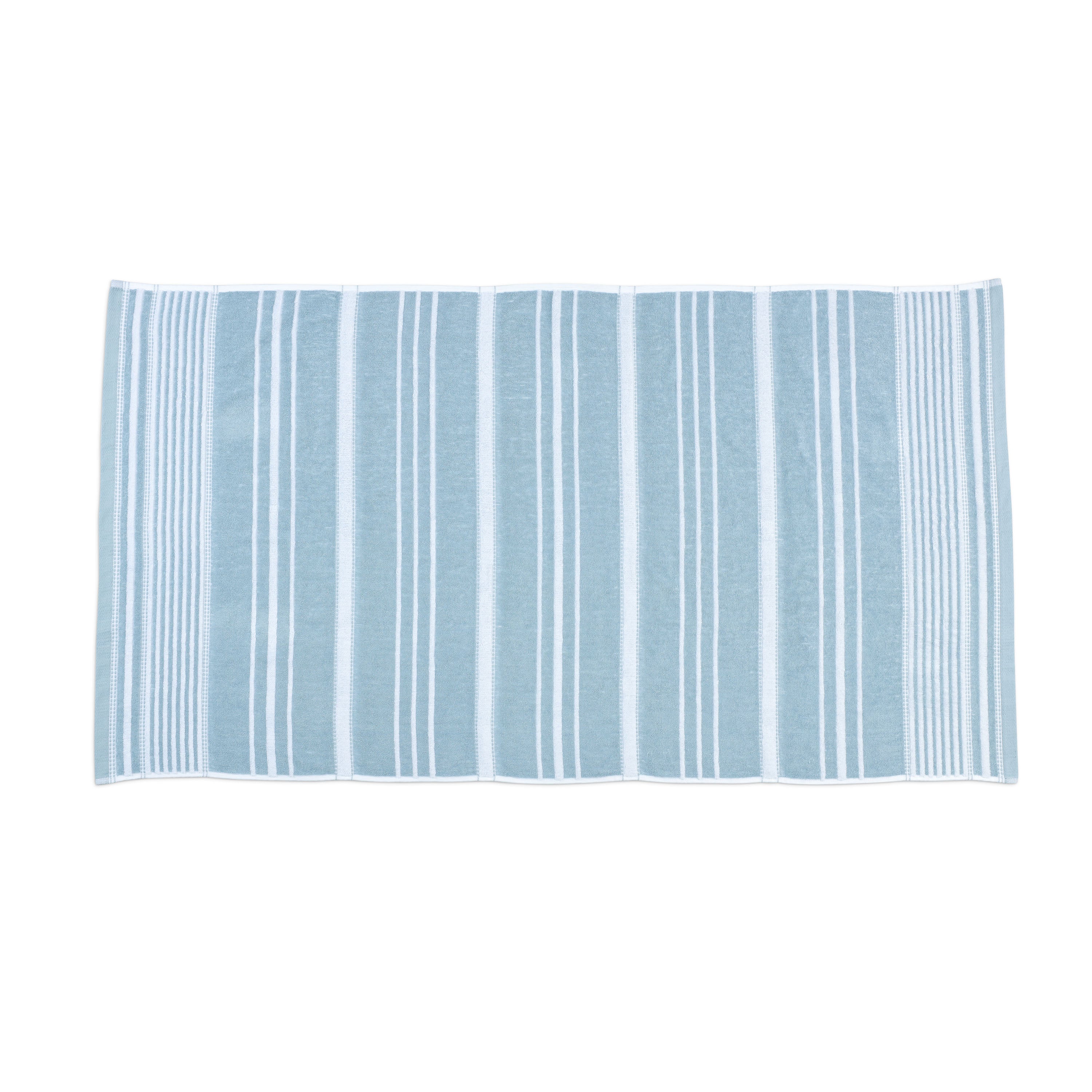 Light blue towel with white batten stripes, featuring a soft texture and a rectangular shape.