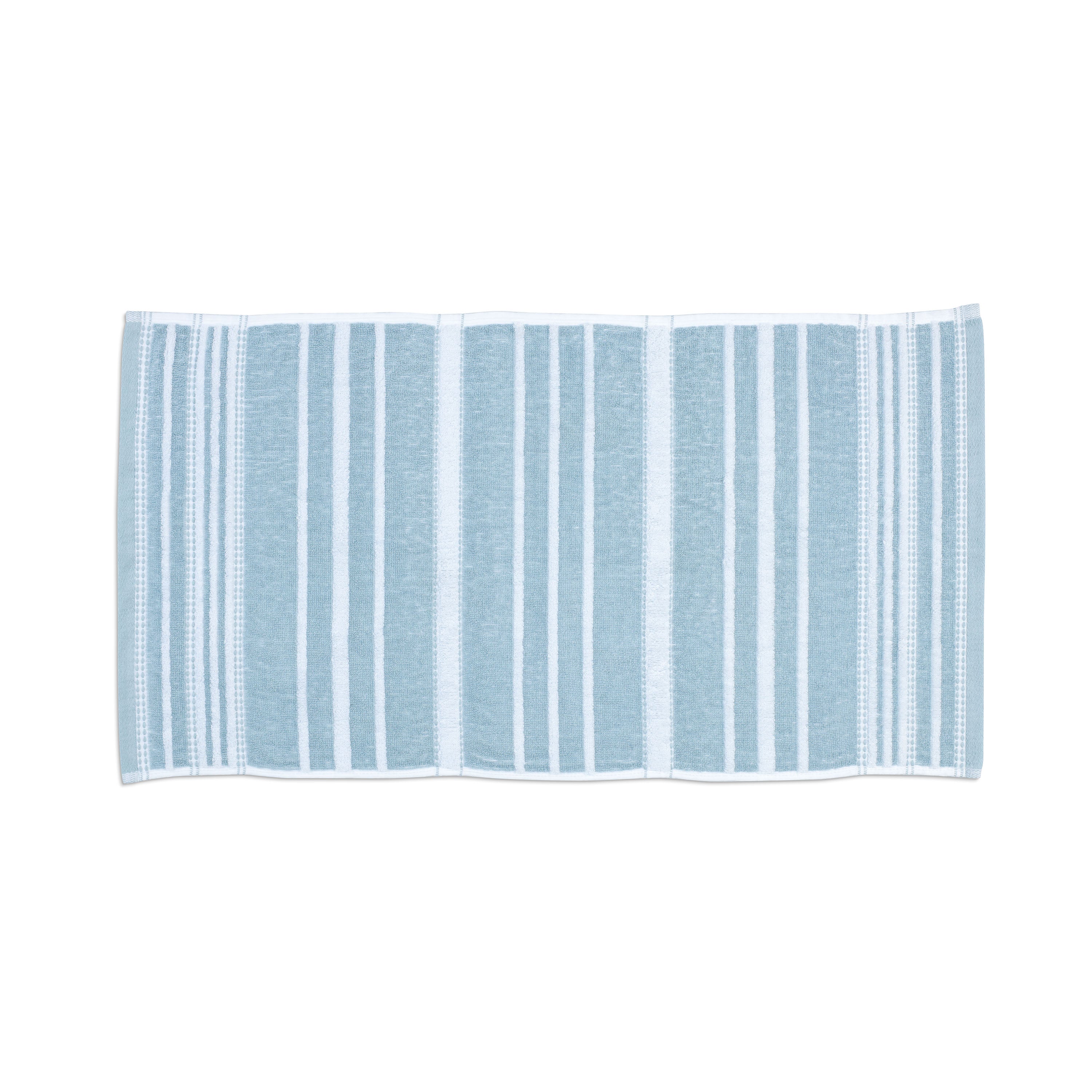 Light blue towel featuring alternating batten stripes in white and darker blue.