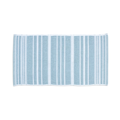 Light blue towel featuring alternating batten stripes in white and darker blue.