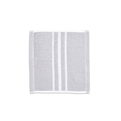 Gray towel with white batten stripes and finished edges.