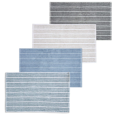 Four striped bath rugs in varying shades of blue, gray, and white arranged in a stacked layout.