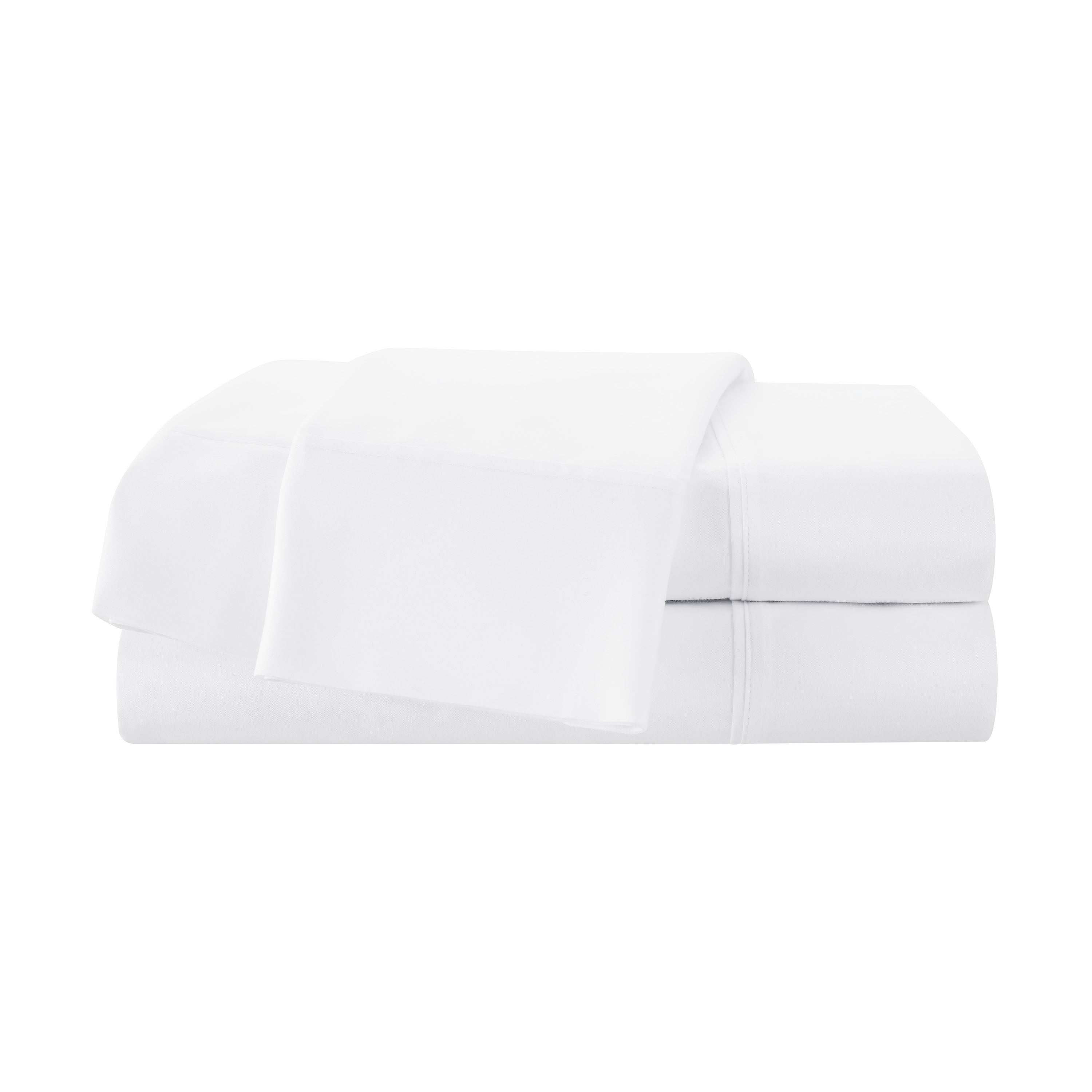 White cotton sheet set stacked neatly, featuring a flat sheet and fitted sheet with a smooth finish.