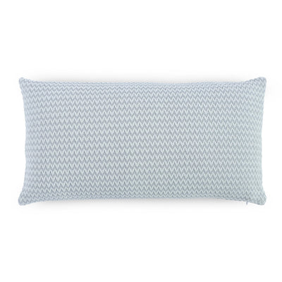 Front view of blue decorative pillow on a white background.
