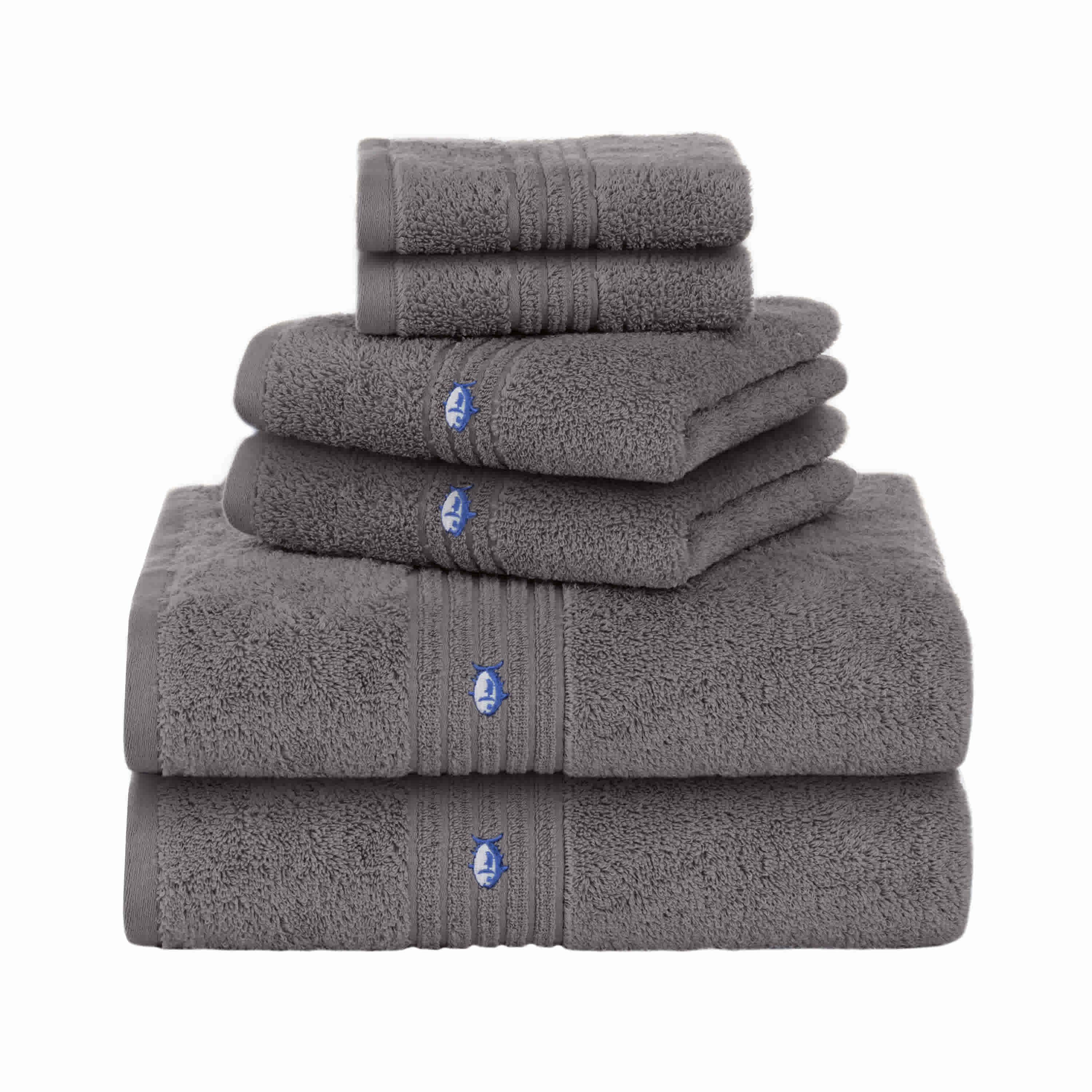 Six gray cotton bath towels stacked in varying sizes, featuring a blue logo on each towel.