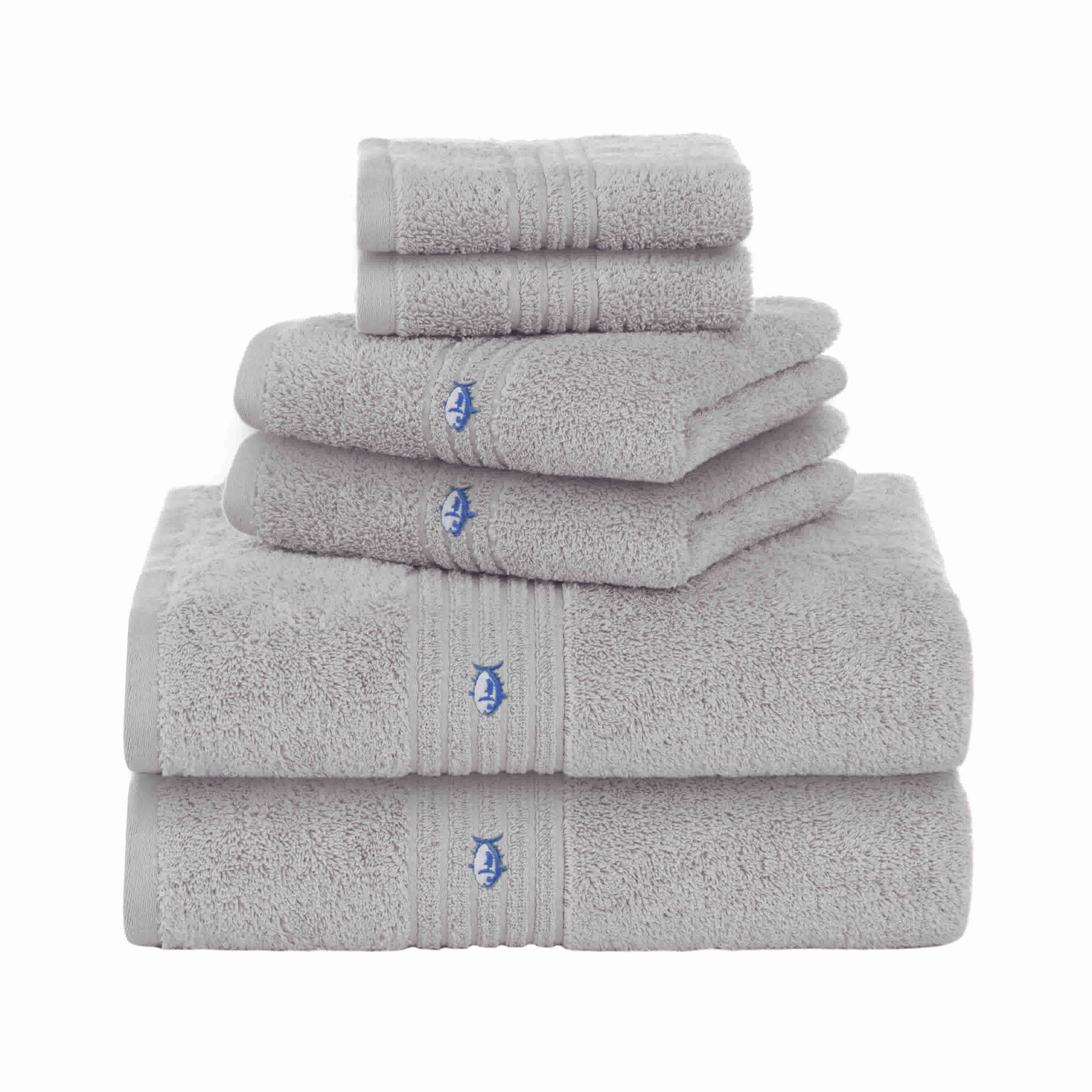 Six gray cotton bath towels stacked, featuring a textured design and a blue logo on each towel.