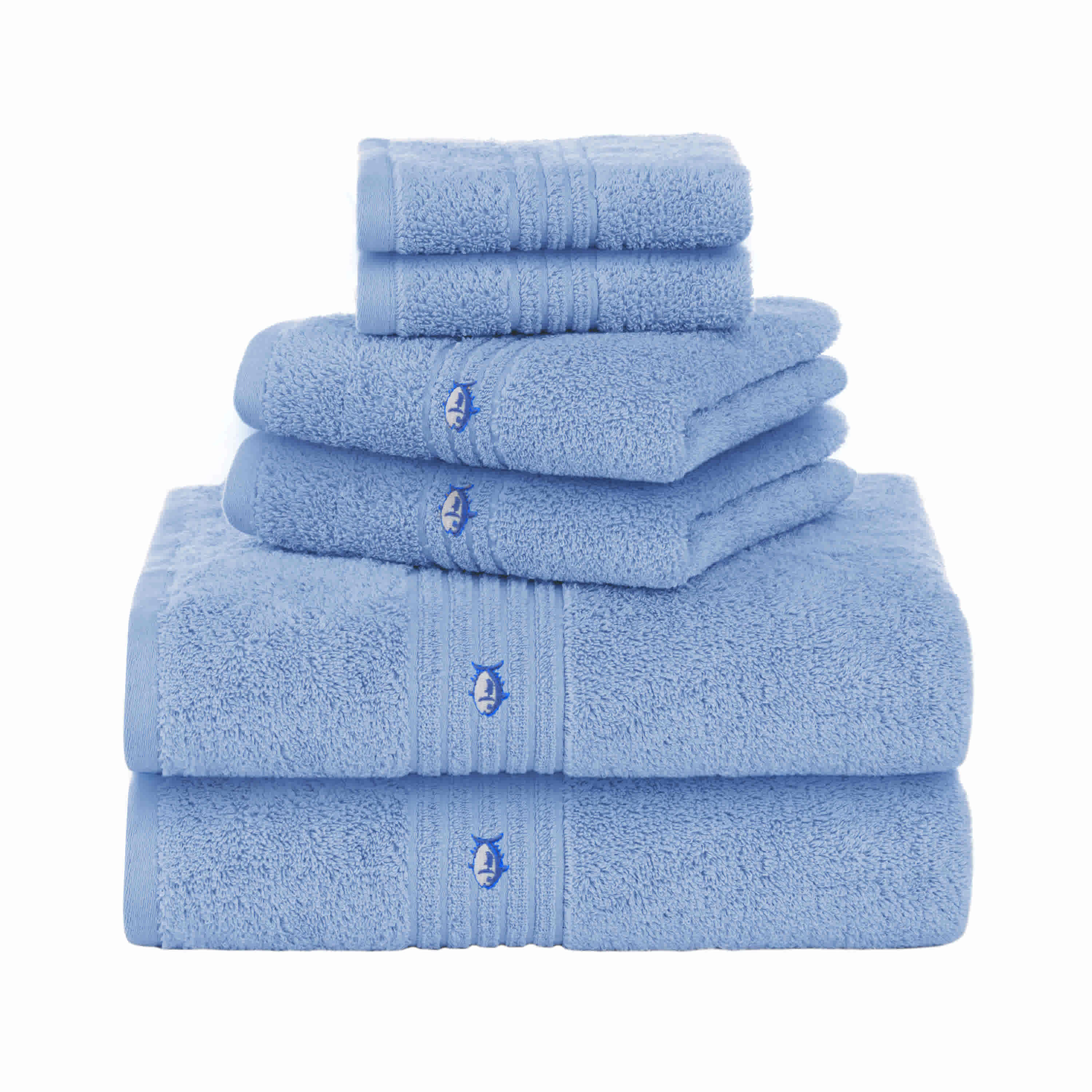Set of six blue cotton bath towels stacked, featuring a textured design and a small logo on each towel.