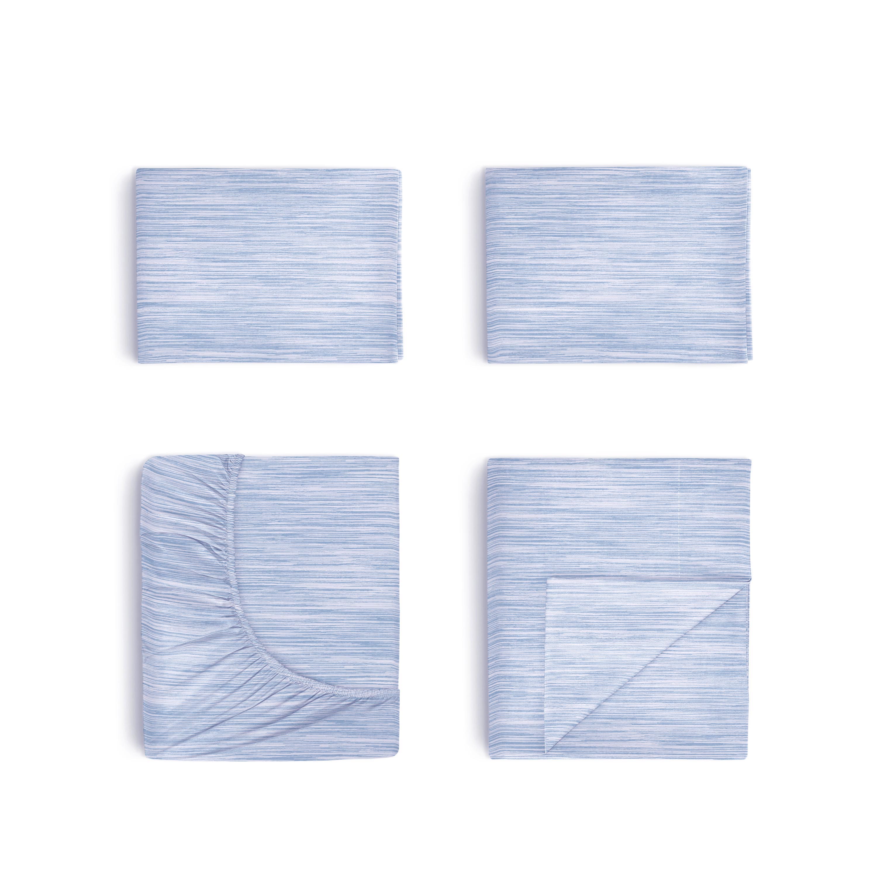 Four pieces of blue striped bedding, including a fitted sheet, flat sheet, and two pillowcases.