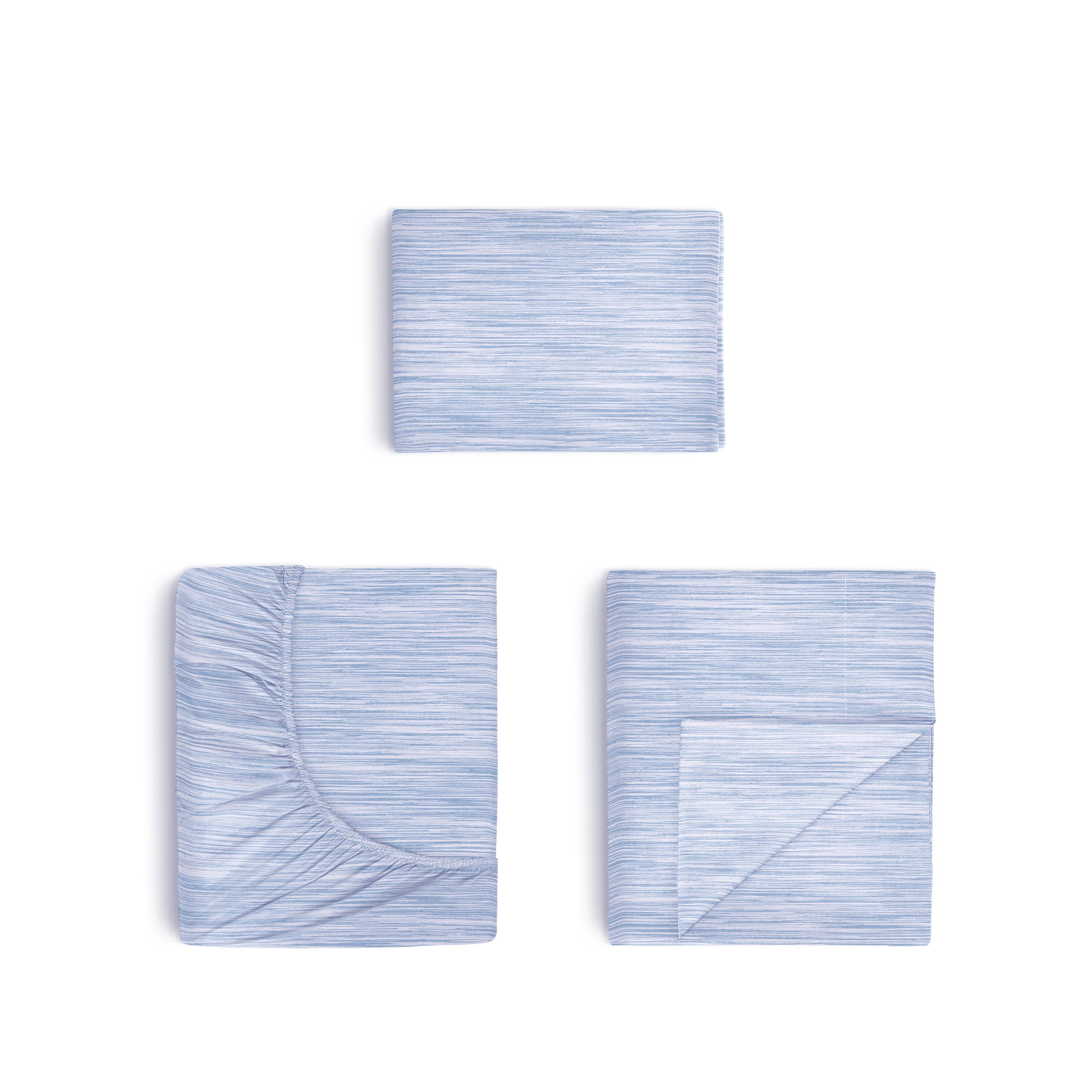 Three-piece blue sheet set featuring a distressed stripe pattern, including a fitted sheet, flat sheet, and pillowcase.