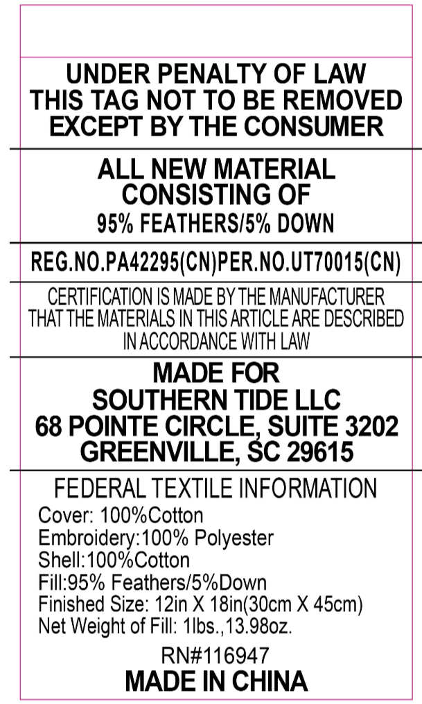 Made for Southern Tide. Cover: 100% Cotton. Embroidery: 100% Polyester. Shell: 100% Cotton. Fill: 95% Feather 5% Down. See dimensions for sizes. Made in China. 