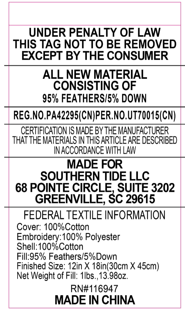 Made for Southern Tide. Cover: 100% Cotton. Fill: 95% Feather 5% Down. See dimensions for sizes. Made in China. 