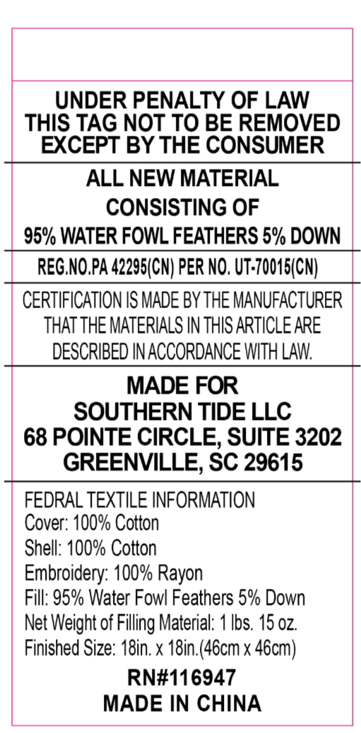 Made for Southern Tide. Cover: 100% Cotton. Embroidery: 100% Rayon. Fill: 95% Feathers 5% Down. See Dimensions for sizes. Made in China. 