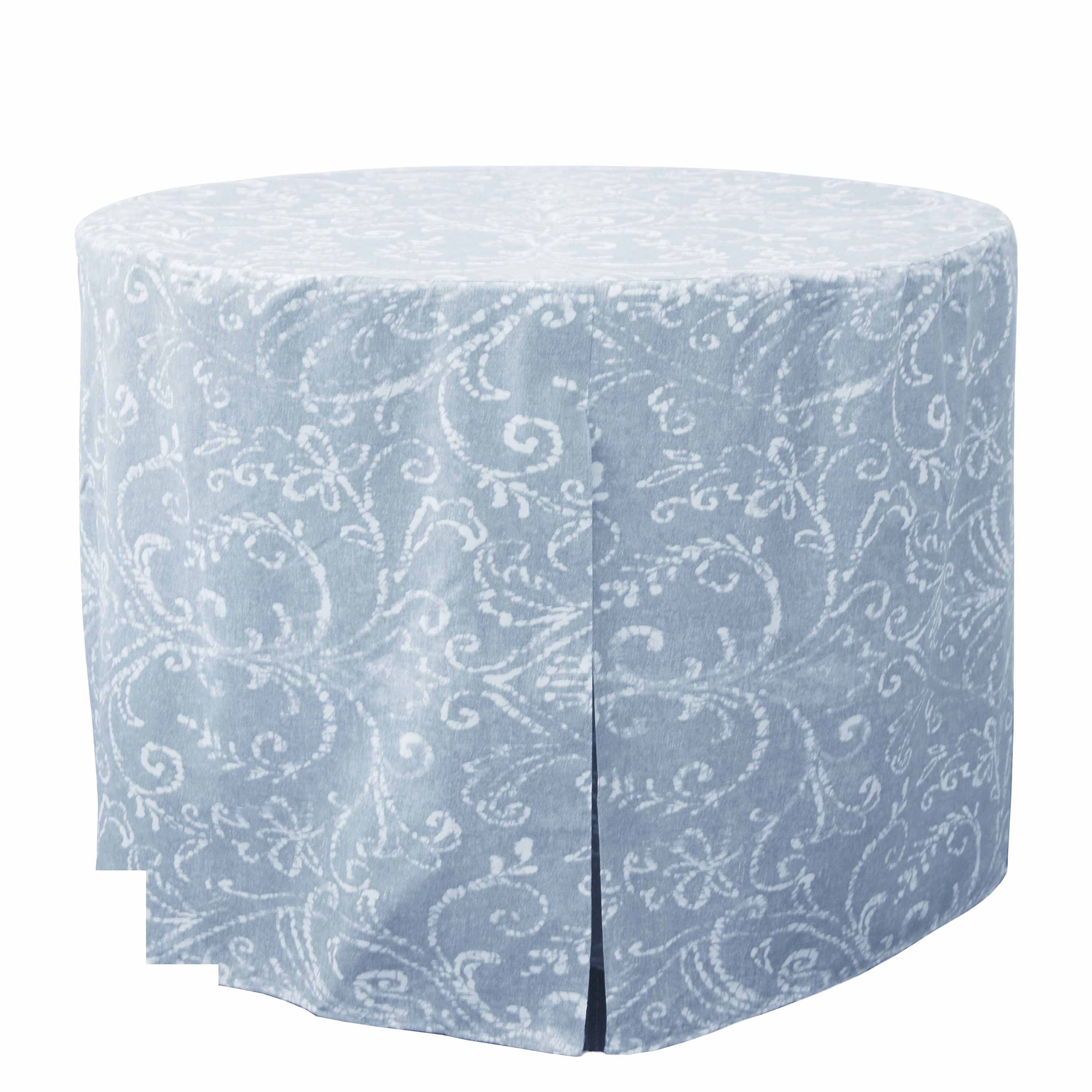 Round table cover in light blue with a white floral pattern, designed for a 60-inch table.