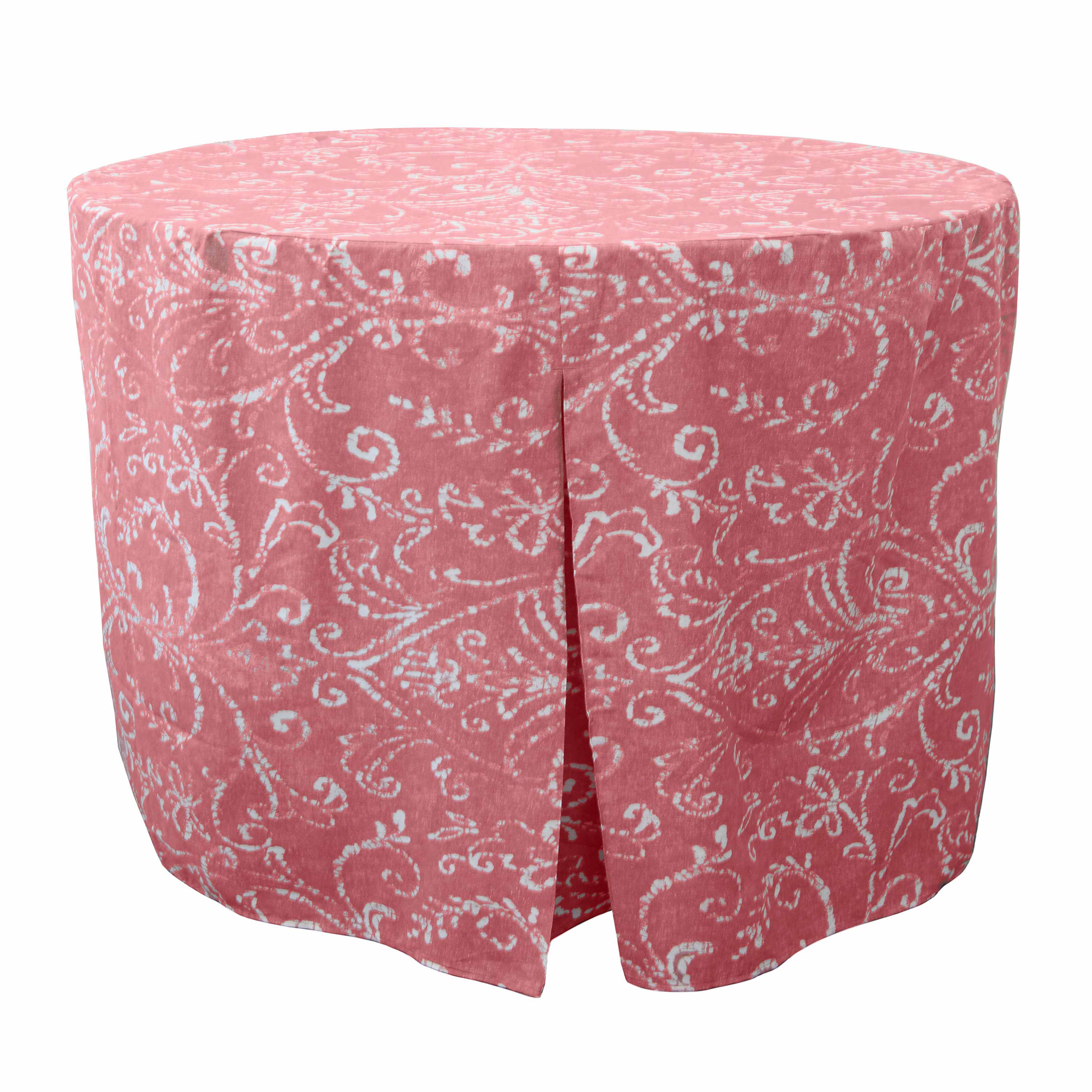 Round table cover in pink with white floral pattern, designed for a 60-inch table.