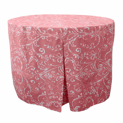 Round table cover in pink with white floral pattern, designed for a 60-inch table.